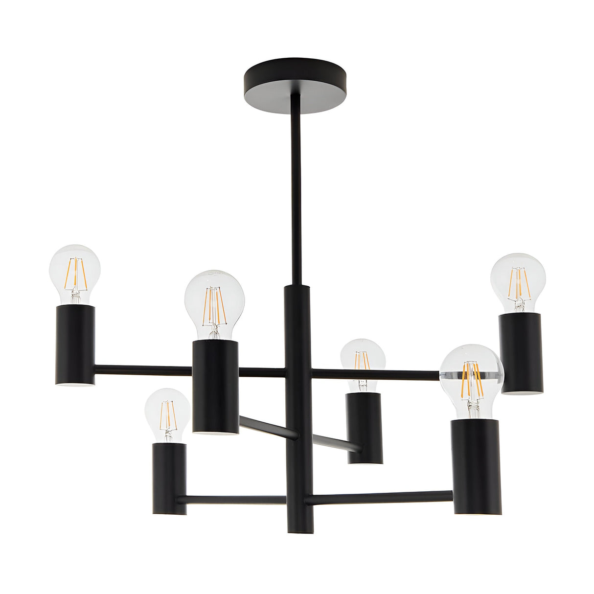 Endon Marlowe 6 light semi-flush ceiling light in matt black metal, six arms with exposed E27 filament bulbs, shown on a white background.
