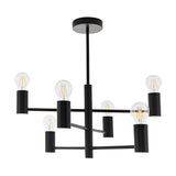 Endon Marlowe 6 light semi-flush ceiling light in matt black metal, six arms with exposed E27 filament bulbs, shown on a white background.