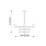 Endon Marlowe 6 light semi-flush ceiling light dimension diagram showing 55.3cm diameter and 53.4cm height on a white background.