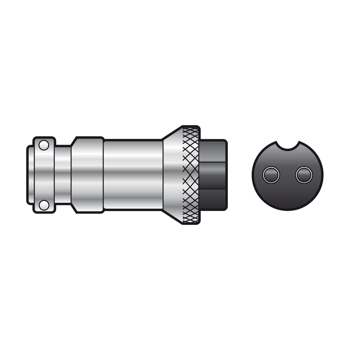 Mercury 2-pin female multi-pin socket by AVSL in metal with knurled locking ring, shown alongside a 2-pin front-face view on a white background.