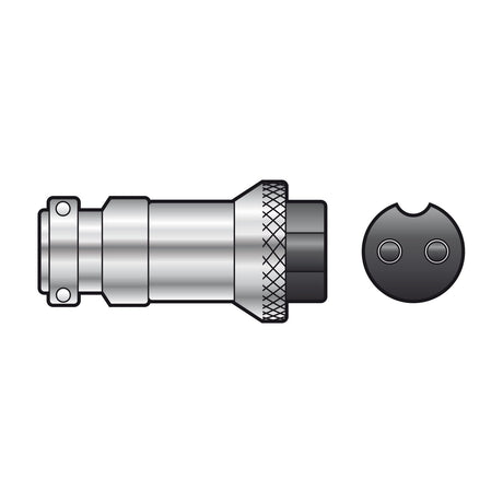 Mercury 2-pin female multi-pin socket by AVSL in metal with knurled locking ring, shown alongside a 2-pin front-face view on a white background.