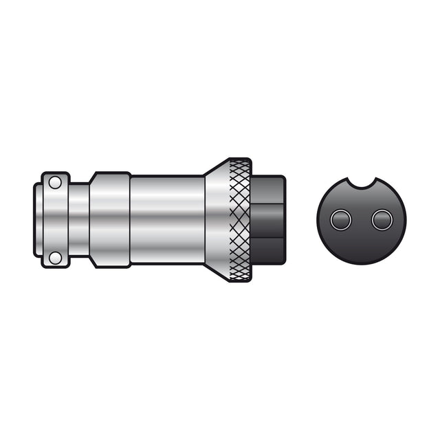 Mercury 2-pin female multi-pin socket by AVSL in metal with knurled locking ring, shown alongside a 2-pin front-face view on a white background.