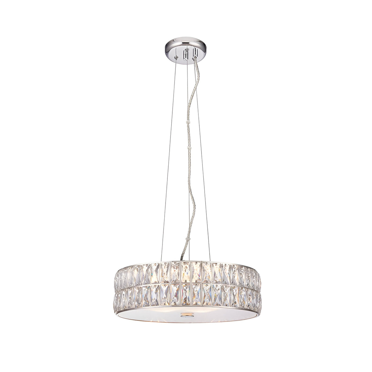 Marguerite LED Round Pendant in chrome with crystal drum shade and glass diffuser, hung on adjustable clear cables against a plain white background.