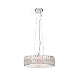 Marguerite LED Round Pendant in chrome with crystal drum shade and glass diffuser, hung on adjustable clear cables against a plain white background.