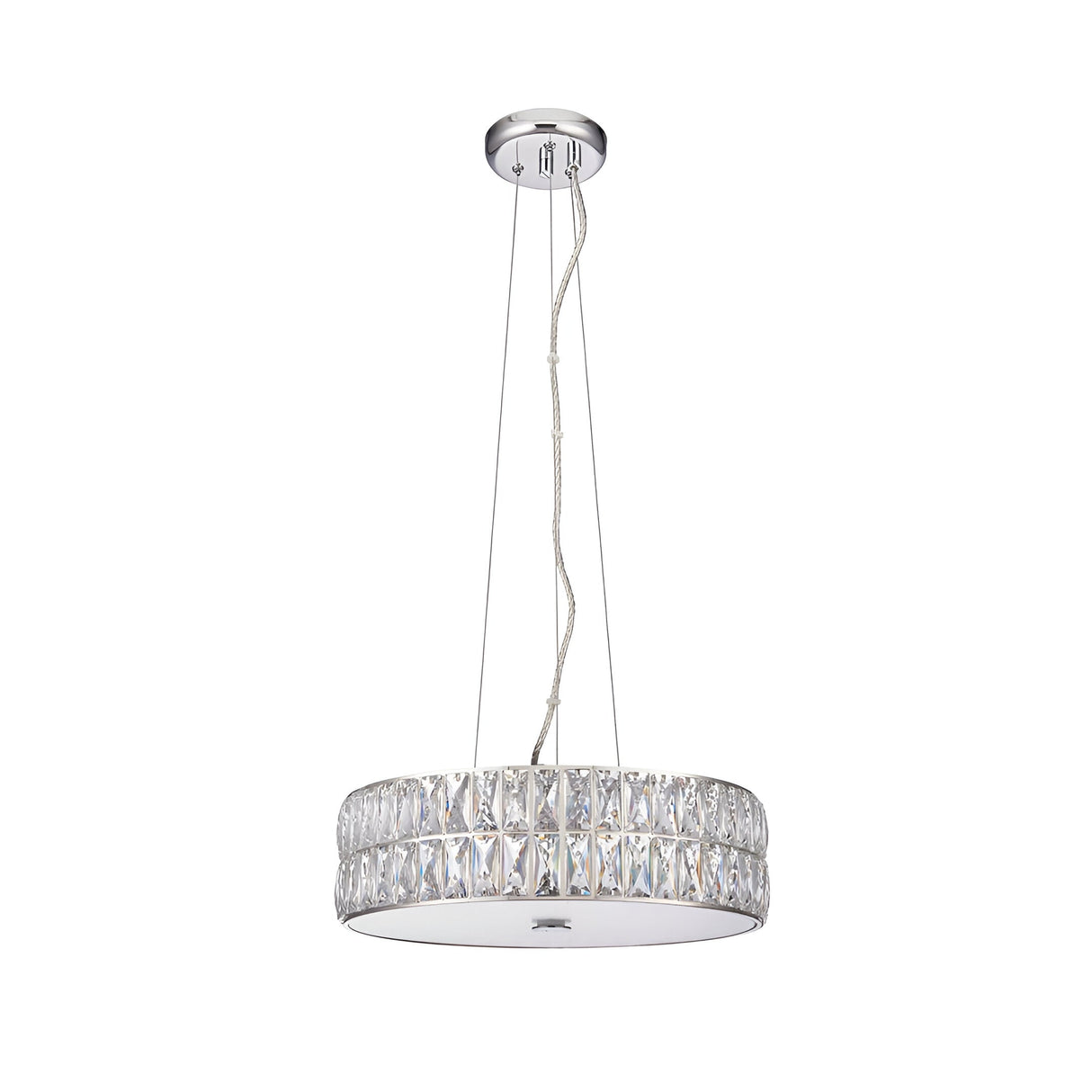 Marguerite LED round pendant in polished chrome with clear faceted crystal band and glass diffuser, hung on adjustable cables, shown on a white background.