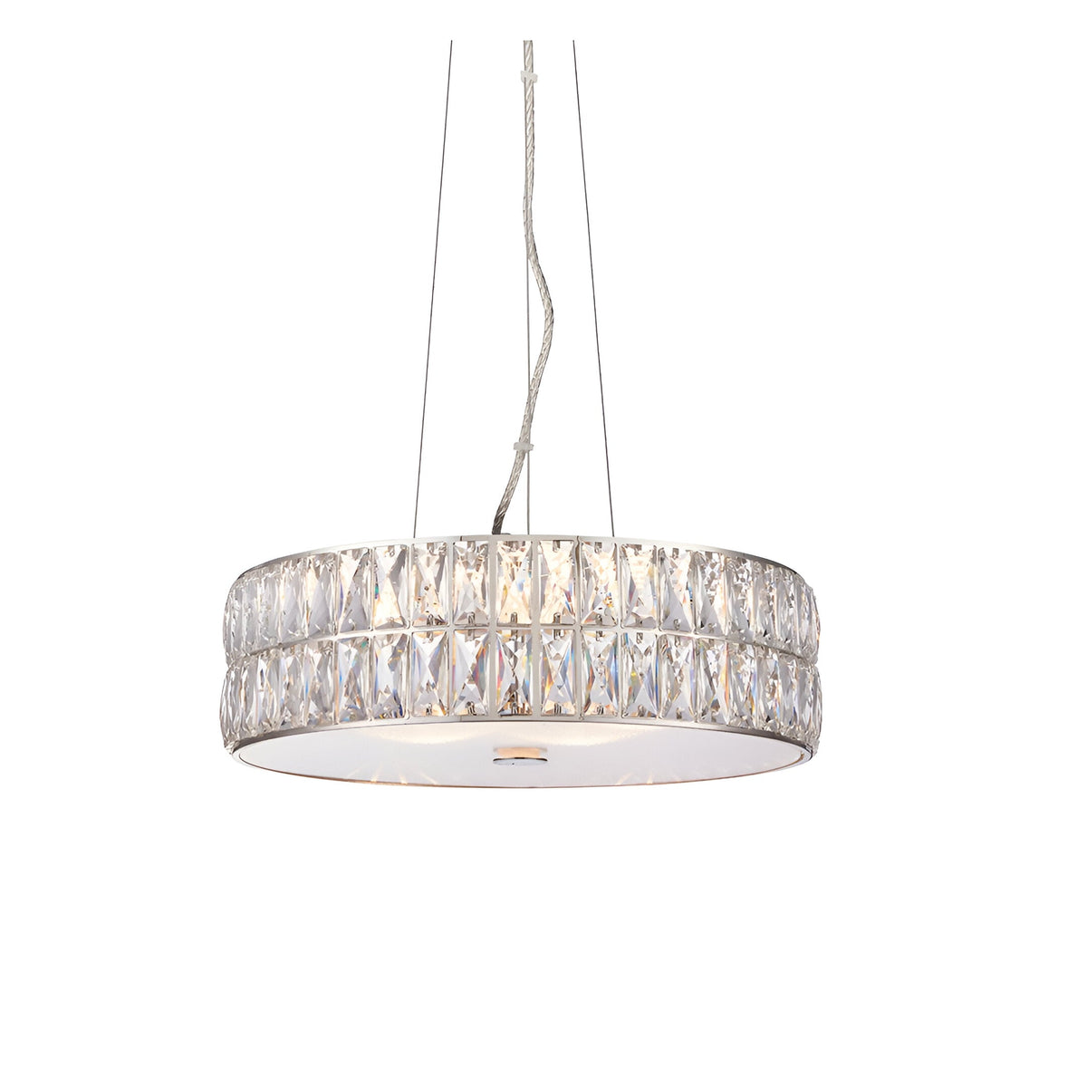Marguerite LED round pendant light in chrome with two tiers of clear faceted crystals, white glass diffuser, and adjustable clear cables.