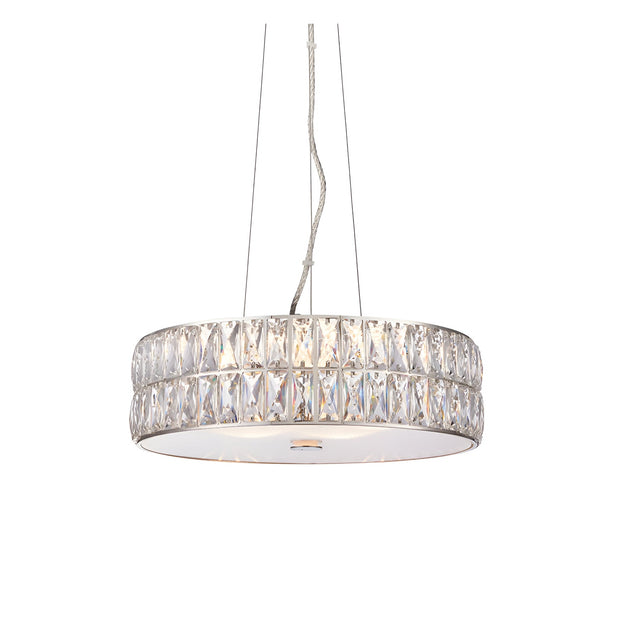 Marguerite LED round pendant light in chrome with two tiers of clear faceted crystals, white glass diffuser, and adjustable clear cables.