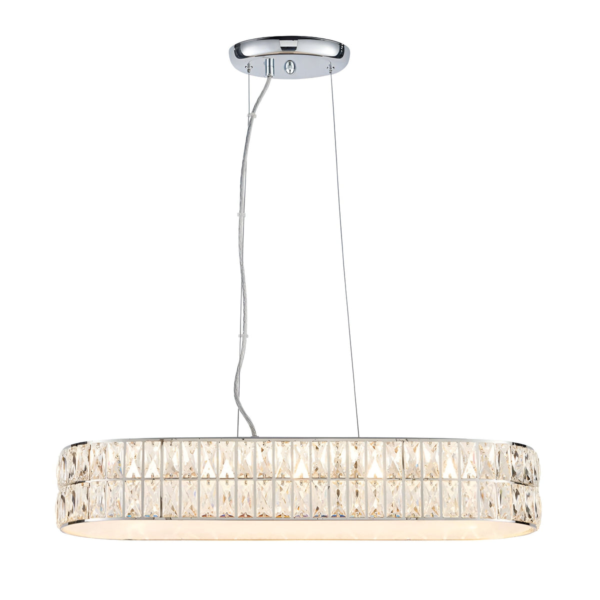 Endon Marguerite linear pendant in polished chrome, oval bar form set with faceted crystals and prismatic glass diffuser, suspended on clear cables.