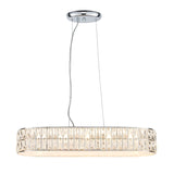 Endon Marguerite linear pendant in polished chrome, oval bar form set with faceted crystals and prismatic glass diffuser, suspended on clear cables.