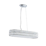 Endon Marguerite linear pendant in polished chrome with faceted crystals and prismatic glass diffuser, suspended on clear cable against a white background.