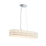 Endon Marguerite linear pendant in polished chrome with faceted crystals and prismatic glass diffuser, suspended from an oval ceiling plate on clear cables.