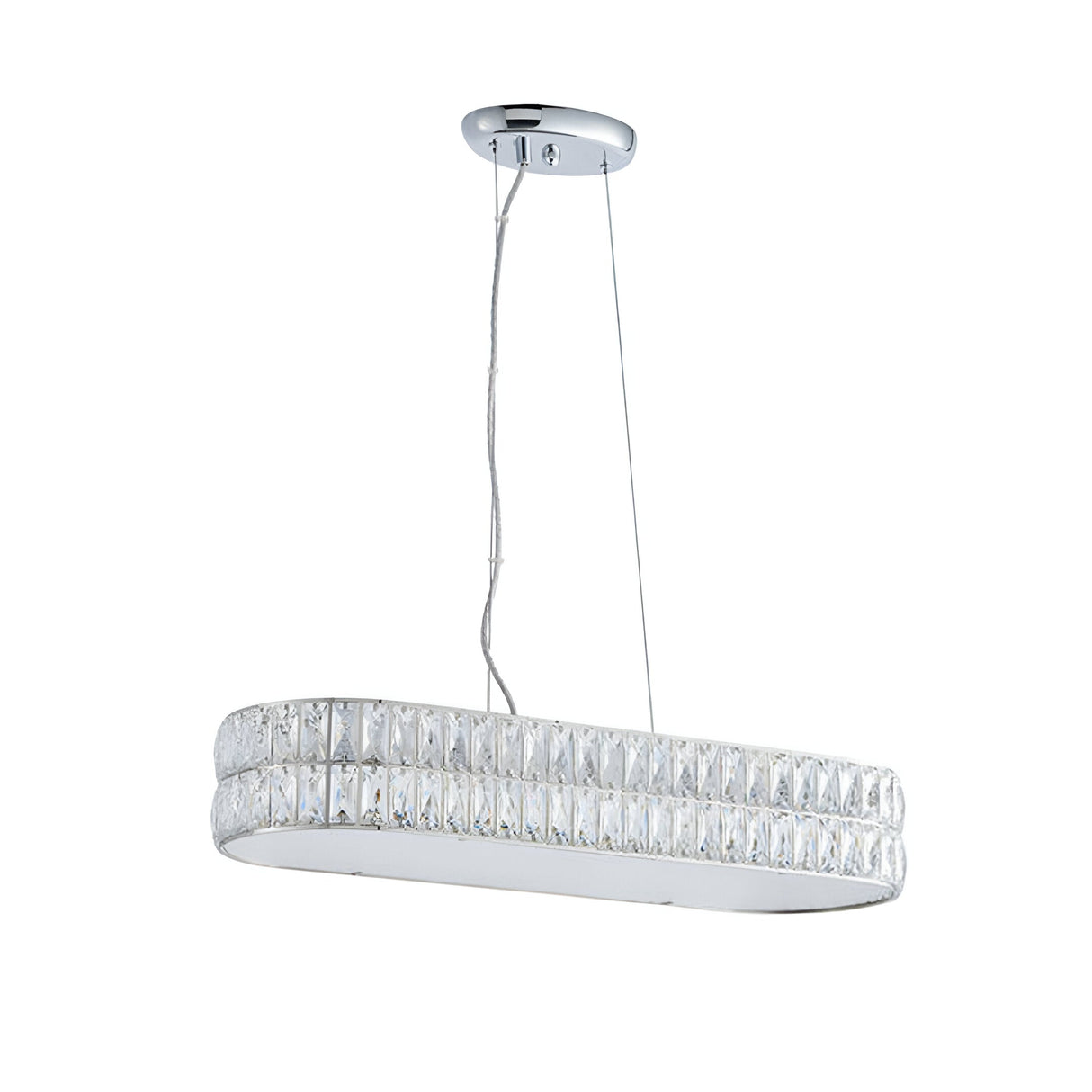 Endon Marguerite linear pendant in polished chrome with faceted crystals and a prismatic glass diffuser, suspended on a clear cable against a white background.