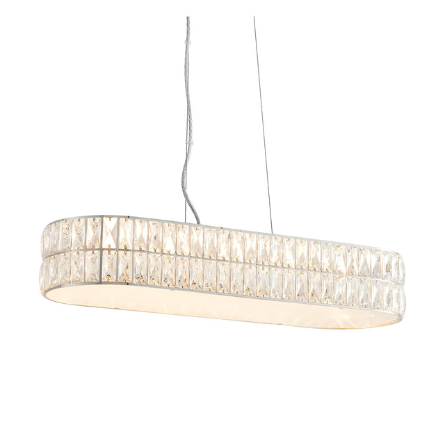 Endon Marguerite linear pendant in polished chrome with two tiers of faceted crystals and a prismatic glass diffuser, suspended on clear cables.