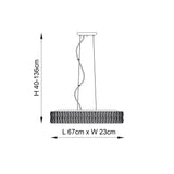 Dimension diagram of the Endon Marguerite linear pendant showing 67cm length, 23cm width, and adjustable 40–136cm drop height.