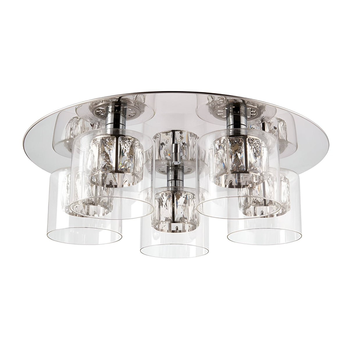 Endon Marguerite 5 light flush ceiling light in chrome with clear glass cylinder shades and inner crystal detailing, shown on a white background.