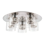 Endon Marguerite 5 light flush ceiling light in chrome with clear glass cylinder shades and inner crystal detailing, shown on a white background.