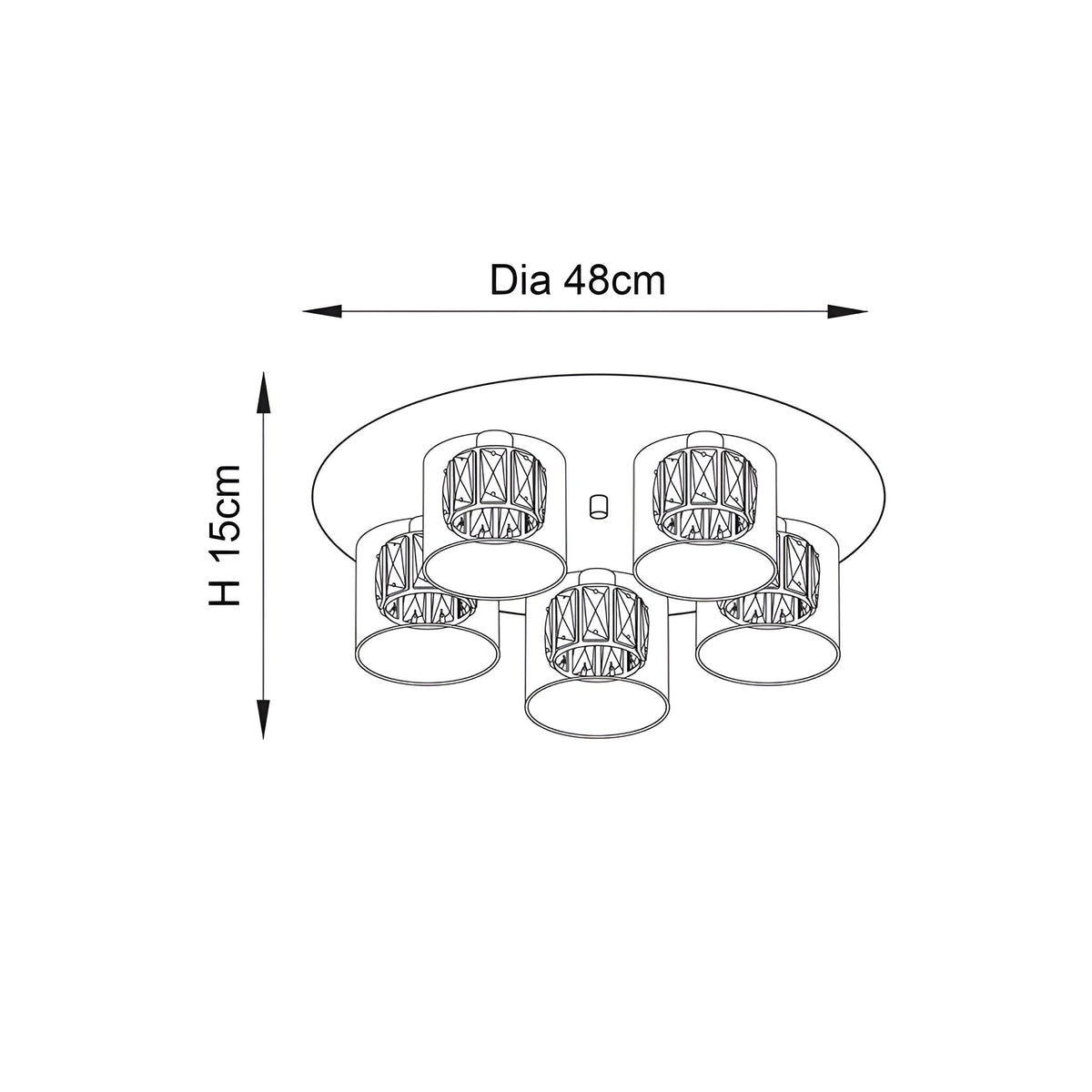 Dimension diagram of the Endon Marguerite 5 Light Crystal Flush Ceiling Light in chrome, showing a 48cm diameter and 15cm height.