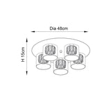 Dimension diagram of the Endon Marguerite 5 Light Crystal Flush Ceiling Light in chrome, showing a 48cm diameter and 15cm height.