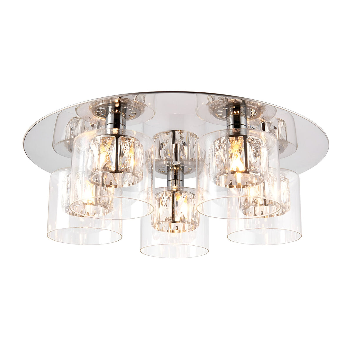 Endon Marguerite 5 light flush ceiling light in chrome with clear glass shades and crystal detailing arranged on a circular mirrored plate.
