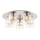 Endon Marguerite 5 light flush ceiling light in chrome with clear glass shades and crystal detailing arranged on a circular mirrored plate.
