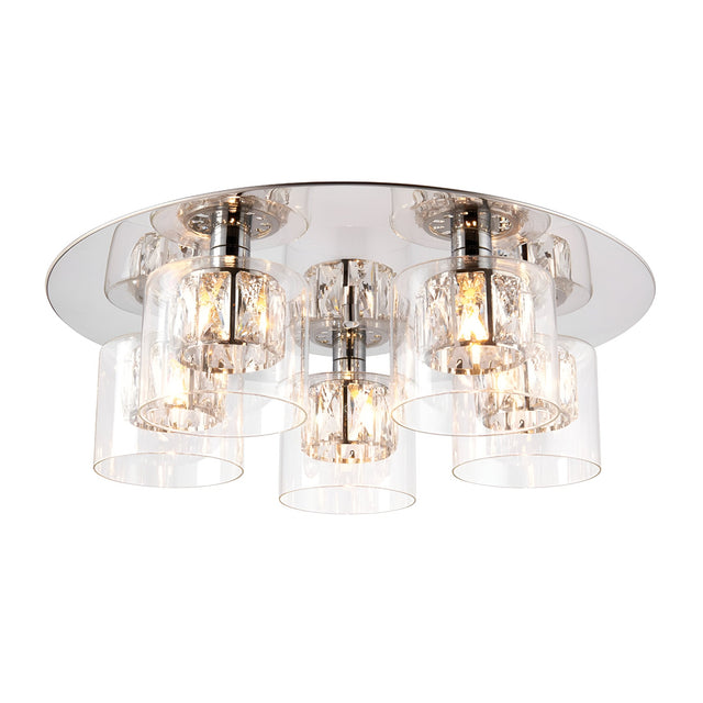 Endon Marguerite 5 light flush ceiling light in chrome with clear glass shades and crystal detailing arranged on a circular mirrored plate.