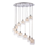 Marguerite 12-light pendant in polished chrome with multi-drop crystal shades in clear glass diffusers on cables of varying lengths, shown on white background.