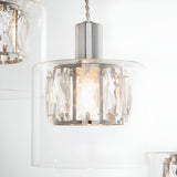 Marguerite 12 Light Pendant in polished chrome, close-up of one crystal-clad drum shade within a clear glass diffuser on twisted cable.