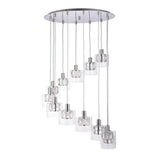 Marguerite 12-light chrome pendant with oval ceiling plate, cascading cables, and crystal shades in clear glass diffusers, on a white background.