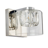 Endon Marguerite chrome wall light with faceted crystals inside a clear glass diffuser, mounted on a polished square backplate.