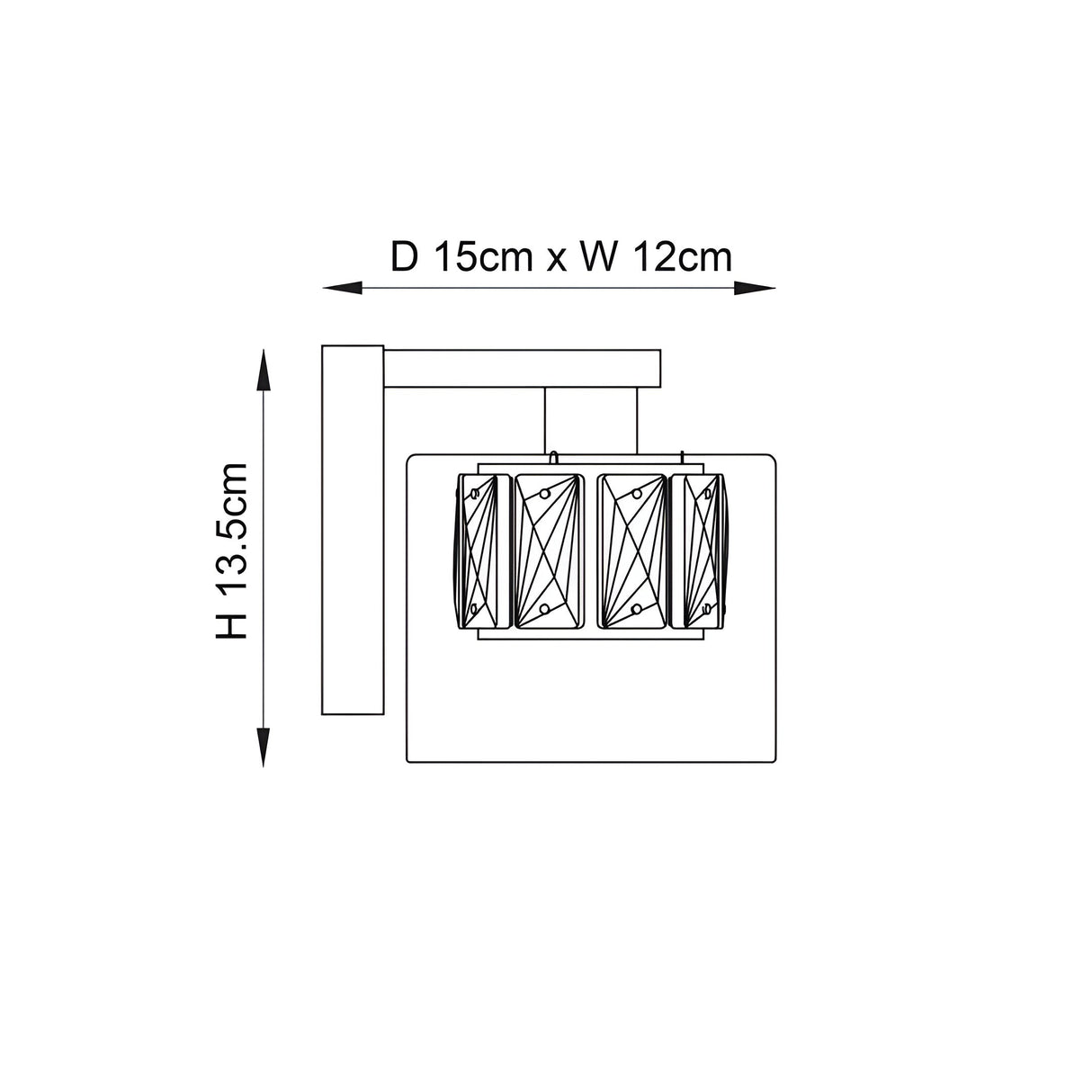 Dimensioned line drawing of the Endon Marguerite chrome wall light showing height 13.5cm and depth 15cm by width 12cm on a white background.