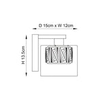 Dimensioned line drawing of the Endon Marguerite chrome wall light showing height 13.5cm and depth 15cm by width 12cm on a white background.