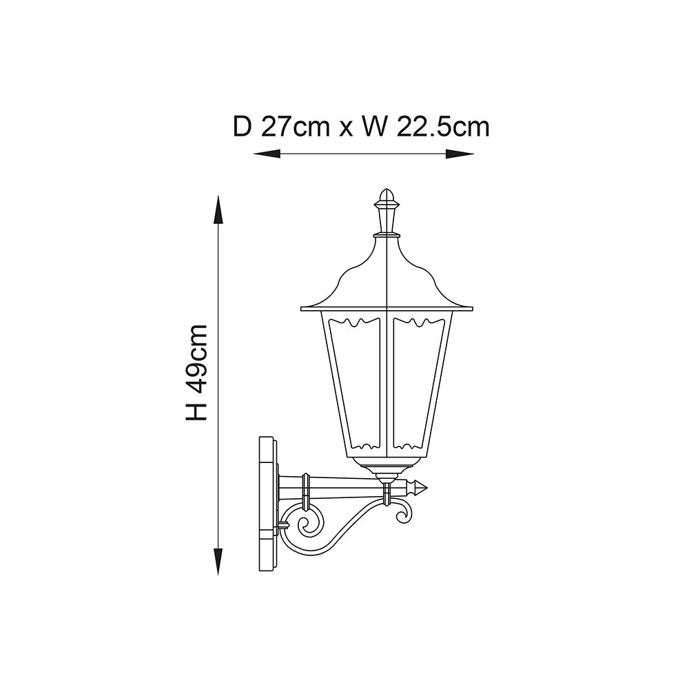 Endon Ashshaw dimensioned line drawing of a traditional E27 outdoor wall lantern, 490mm high, 225mm wide, 270mm projection, on a white background.