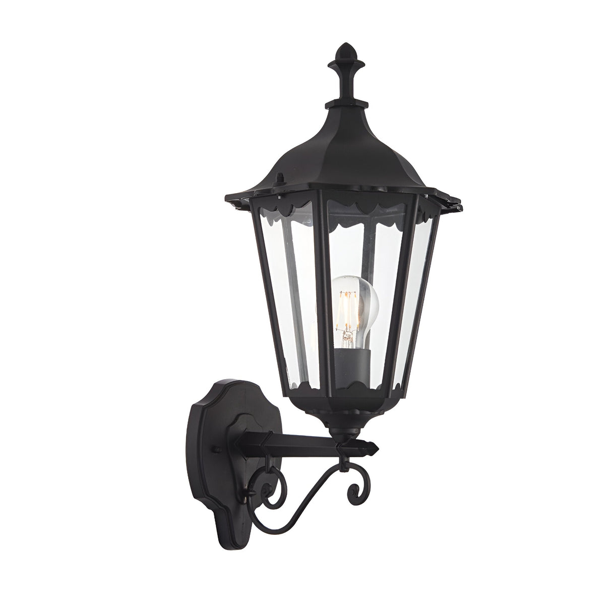 Endon Ashshaw traditional outdoor wall lantern in matt black die-cast aluminium with clear glass panels, scrollwork bracket and E27 filament bulb.