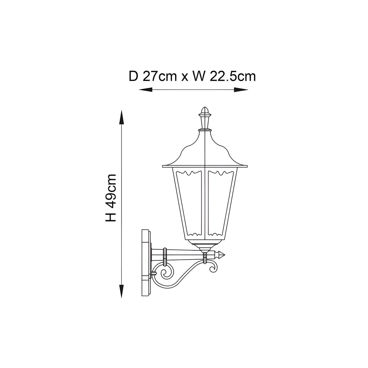 Dimension diagram of the Endon Ashshaw traditional outdoor wall lantern in matt black, showing 49cm height, 27cm depth and 22.5cm width.