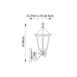 Dimension diagram of the Endon Ashshaw traditional outdoor wall lantern in matt black, showing 49cm height, 27cm depth and 22.5cm width.