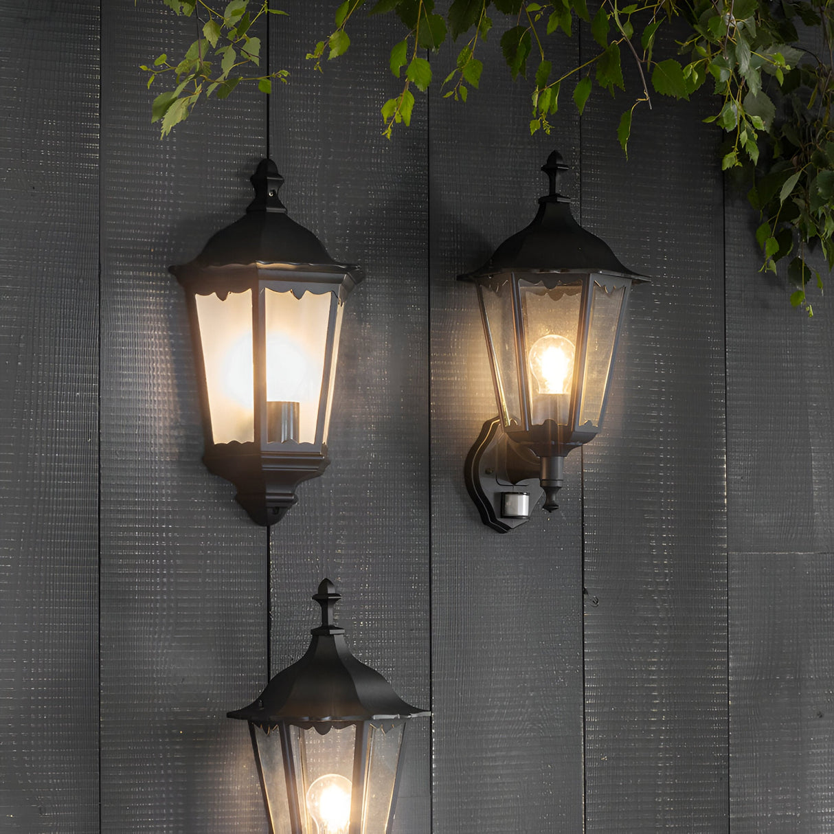 Ashshaw Coach Lantern in matt black with clear glass panels, shown lit on an outdoor wall alongside similar lanterns and hanging foliage.