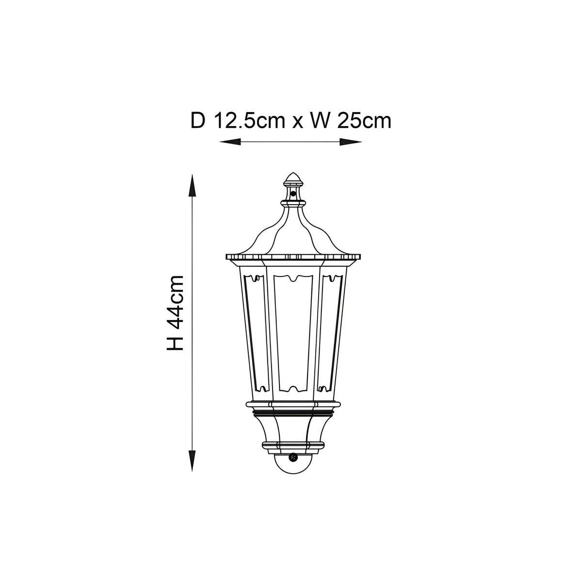 Technical line drawing of the Ashshaw Coach Lantern in matt black with clear glass panels, showing dimensions H 44cm x W 25cm x D 12.5cm.