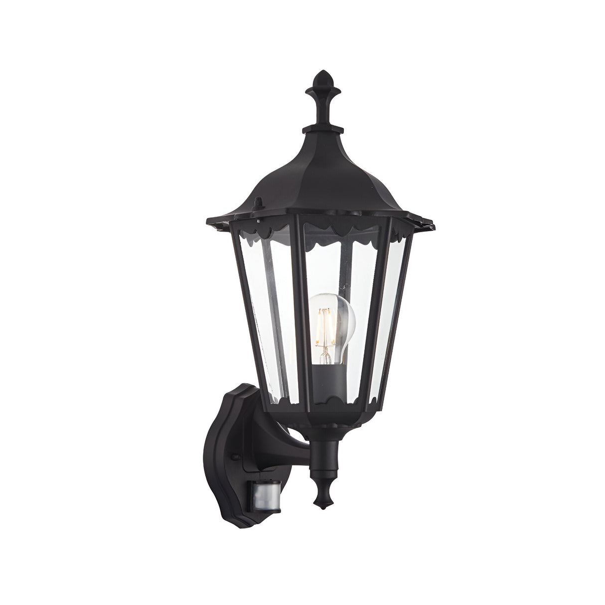 Endon Ashshaw traditional outdoor wall lantern in matt black die-cast aluminium with clear glass panels, E27 filament bulb and PIR sensor at the base.