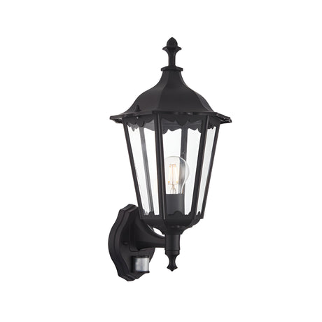 Endon Ashshaw traditional outdoor wall lantern in matt black die-cast aluminium with clear glass panels, E27 filament bulb and PIR sensor at the base.