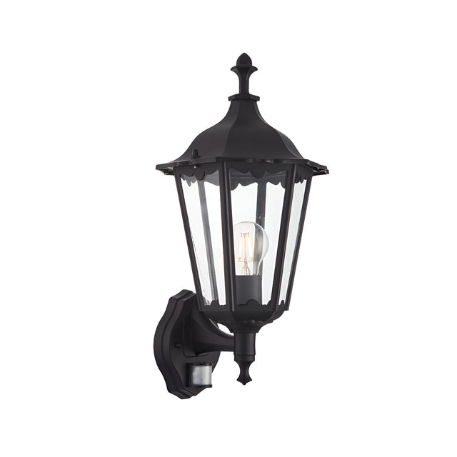 Endon Ashshaw traditional outdoor wall lantern in matt black die-cast aluminium with clear glass panels, E27 filament bulb and PIR sensor at the base.
