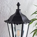 Close-up of the Endon Ashshaw outdoor wall lantern in matt black die-cast aluminium, showing the domed top, finial and clear glass panels with filament bulb.