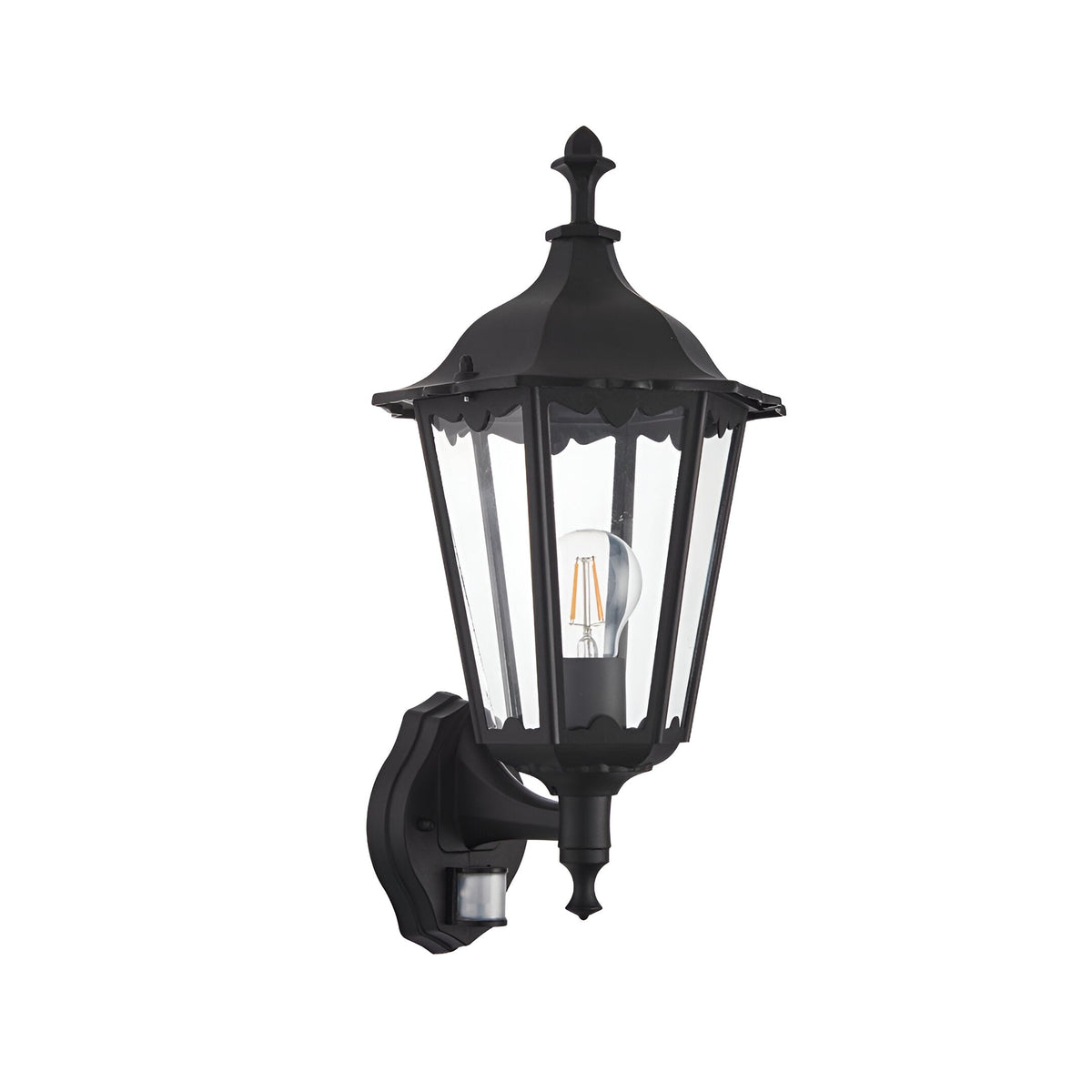 Endon Ashshaw traditional outdoor wall lantern in matt black die-cast aluminium with six clear glass panels, E27 filament bulb and PIR sensor below.
