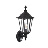 Endon Ashshaw traditional outdoor wall lantern in matt black die-cast aluminium with six clear glass panels, E27 filament bulb and PIR sensor below.