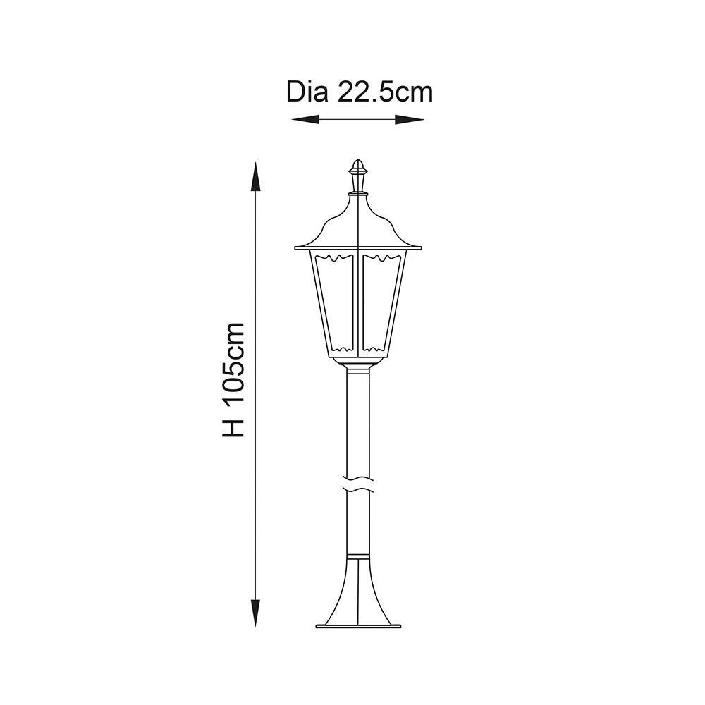 Endon Ashshaw bollard light technical drawing showing 105cm height and 22.5cm diameter for the black lantern-style outdoor post.