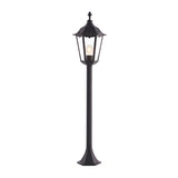 Endon Ashshaw traditional bollard light in matt black die cast aluminium with clear glass lantern panels and filament E27 bulb, shown on white.