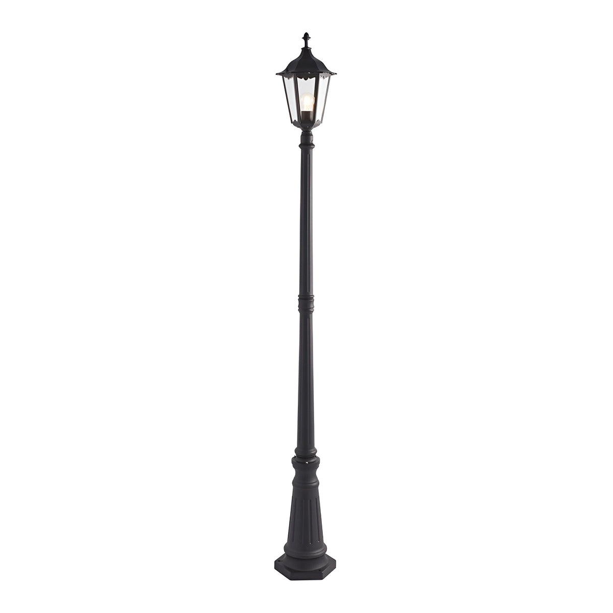 Endon Ashshaw traditional outdoor lamp post in matt black die cast aluminium with a single six-sided lantern and clear glass panels, on a white background.