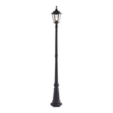 Endon Ashshaw traditional outdoor lamp post in matt black die cast aluminium with a single six-sided lantern and clear glass panels, on a white background.