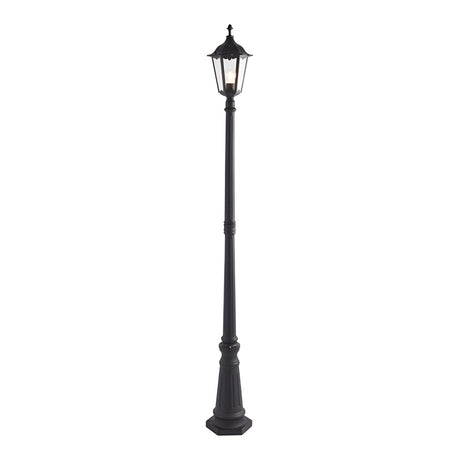 Endon Ashshaw traditional outdoor lamp post in matt black die cast aluminium with a single six-sided lantern and clear glass panels, on a white background.