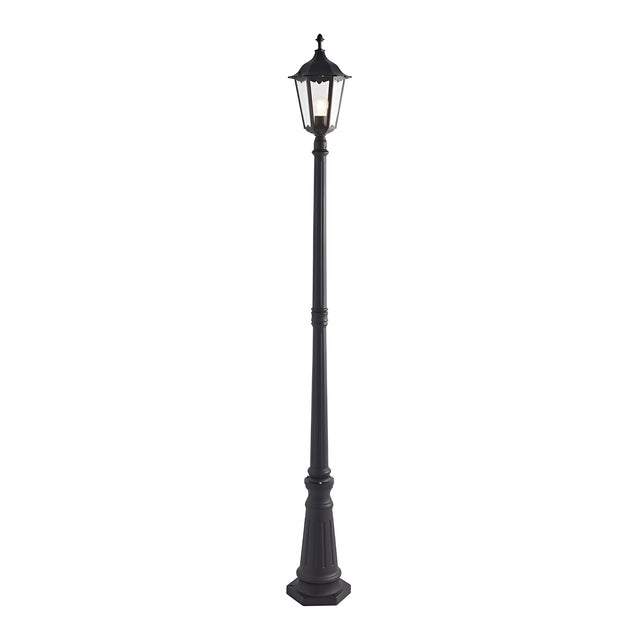 Endon Ashshaw traditional outdoor lamp post in matt black die cast aluminium with a single six-sided lantern and clear glass panels, on a white background.