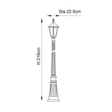 Dimensions diagram of the Endon Ashshaw traditional lamp post in matt black, showing height 218cm and lantern diameter 22.5cm on a white background.
